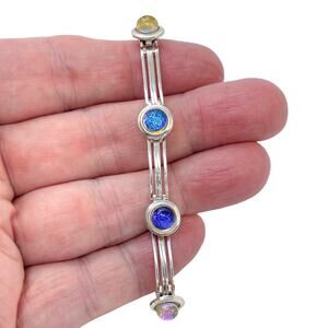 Estate Italy Sterling Silver 925 Dichroic Glass Cabochon Bracelet 6.5"